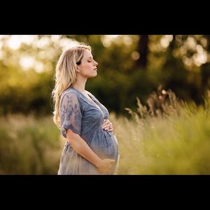 PinkBlush Blue Lace Mesh Overlay Maternity Maxi Dress